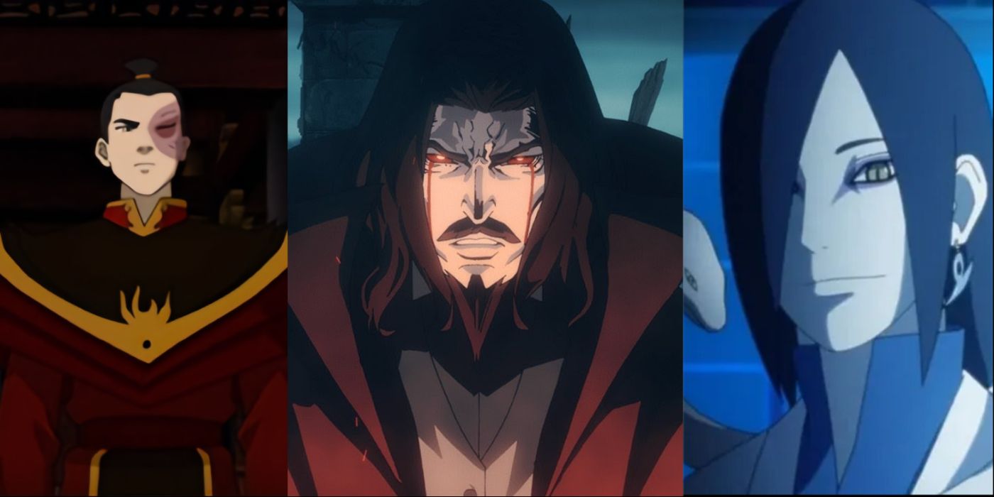 Zuko as Fire Lord (left); Dracula crying blood (center); Orochimaru with snake pal (right)