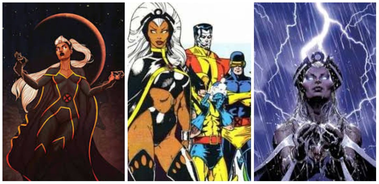 A split image of Storm hovering in front of the moon, Storm standing with the 1975 X-Men, and Storm catching rain in her hands as thunder cracks behind her