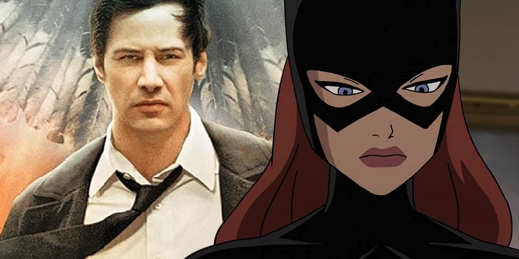 A split image of Keanu Reeves' Constantine and an animated Batgirl