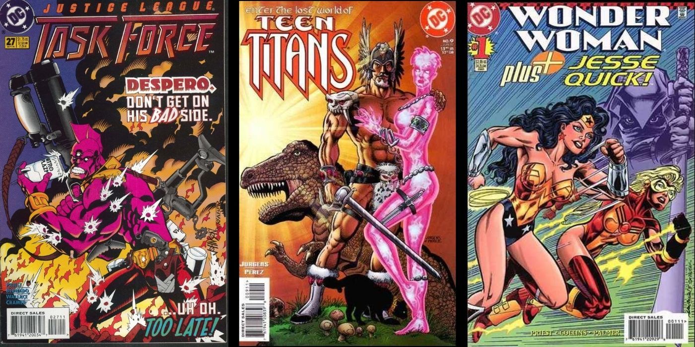 A split image of covers from Teen Titans, Wonder Woman Plus and Justice League Task Force