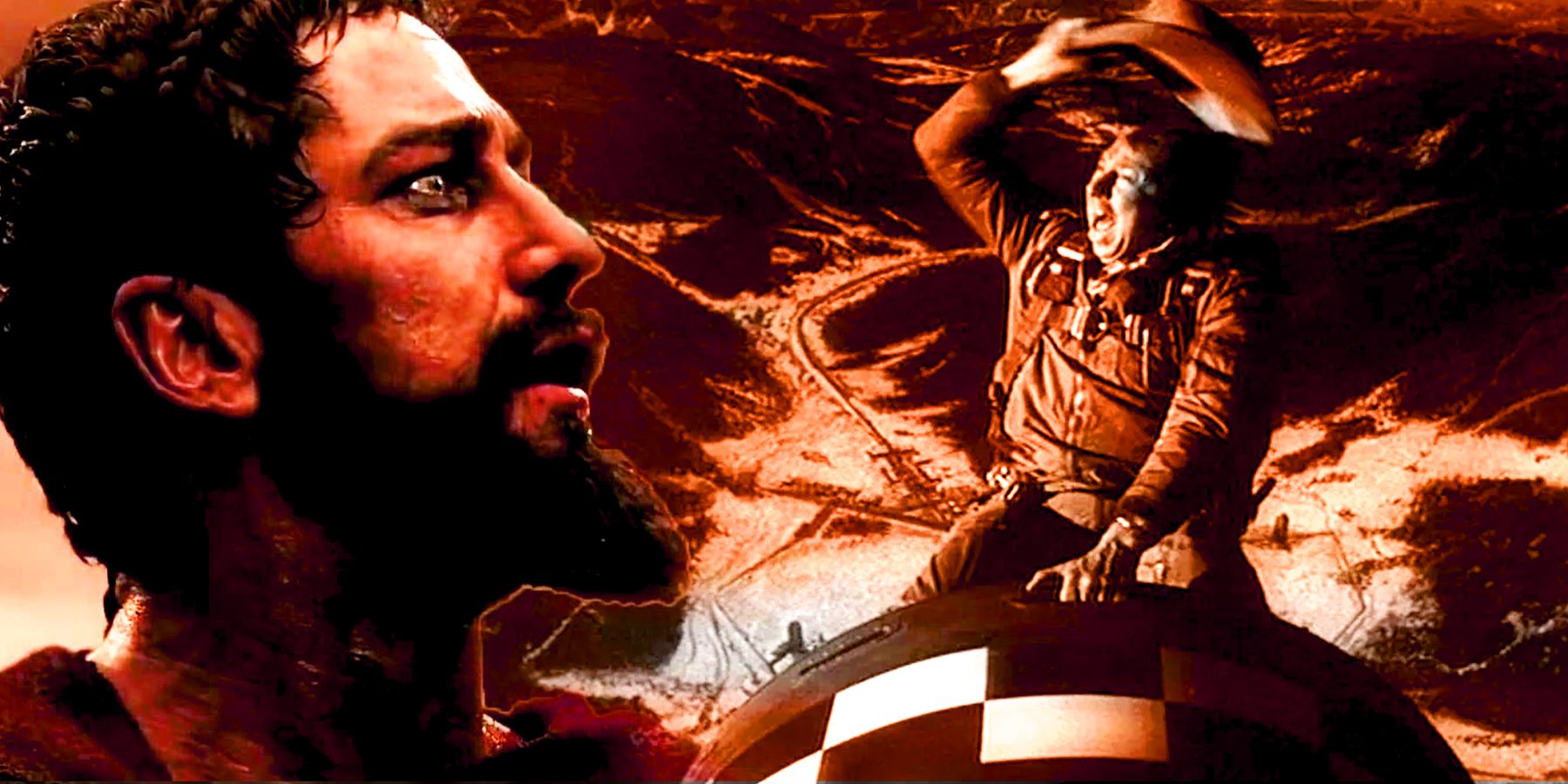 A collage image of Leonidas from 300 and and Kong from Dr. Strangelove riding the bomb