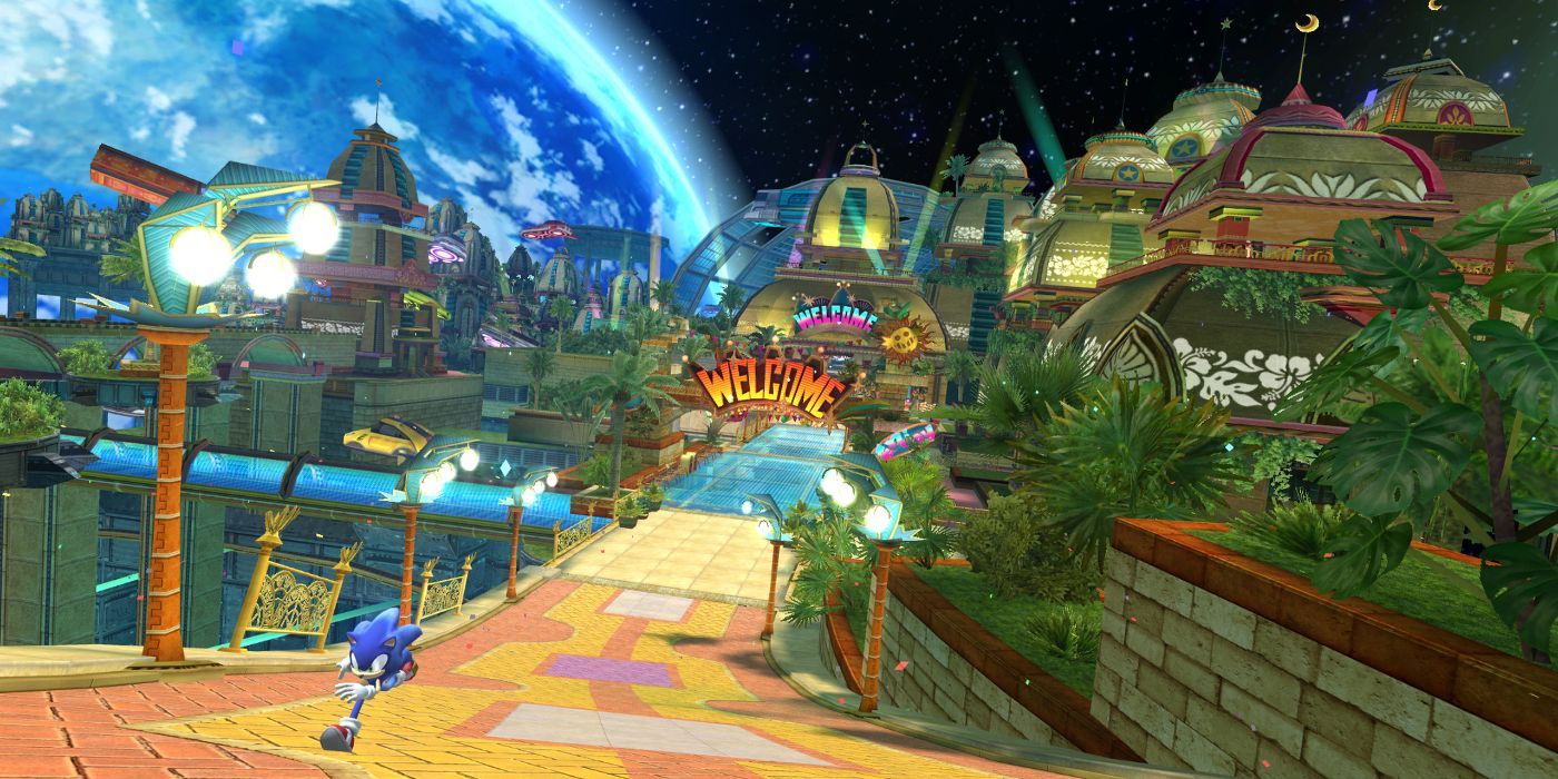 Sonic Colors Eggman's Incredible Interstellar Amusement Park Sonic running through Tropical Resort
