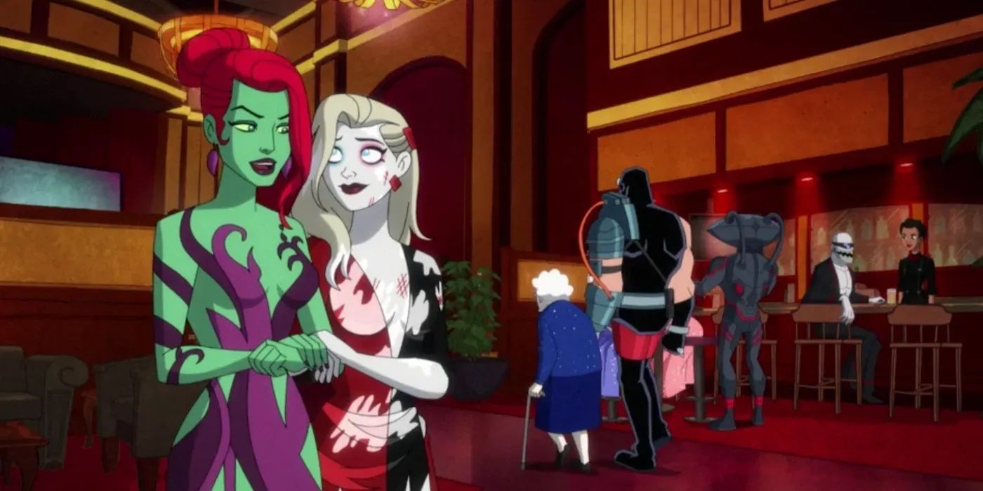 Harley Quinn and Poison Ivy dressed up for an awards show on HBO's Harley Quinn.