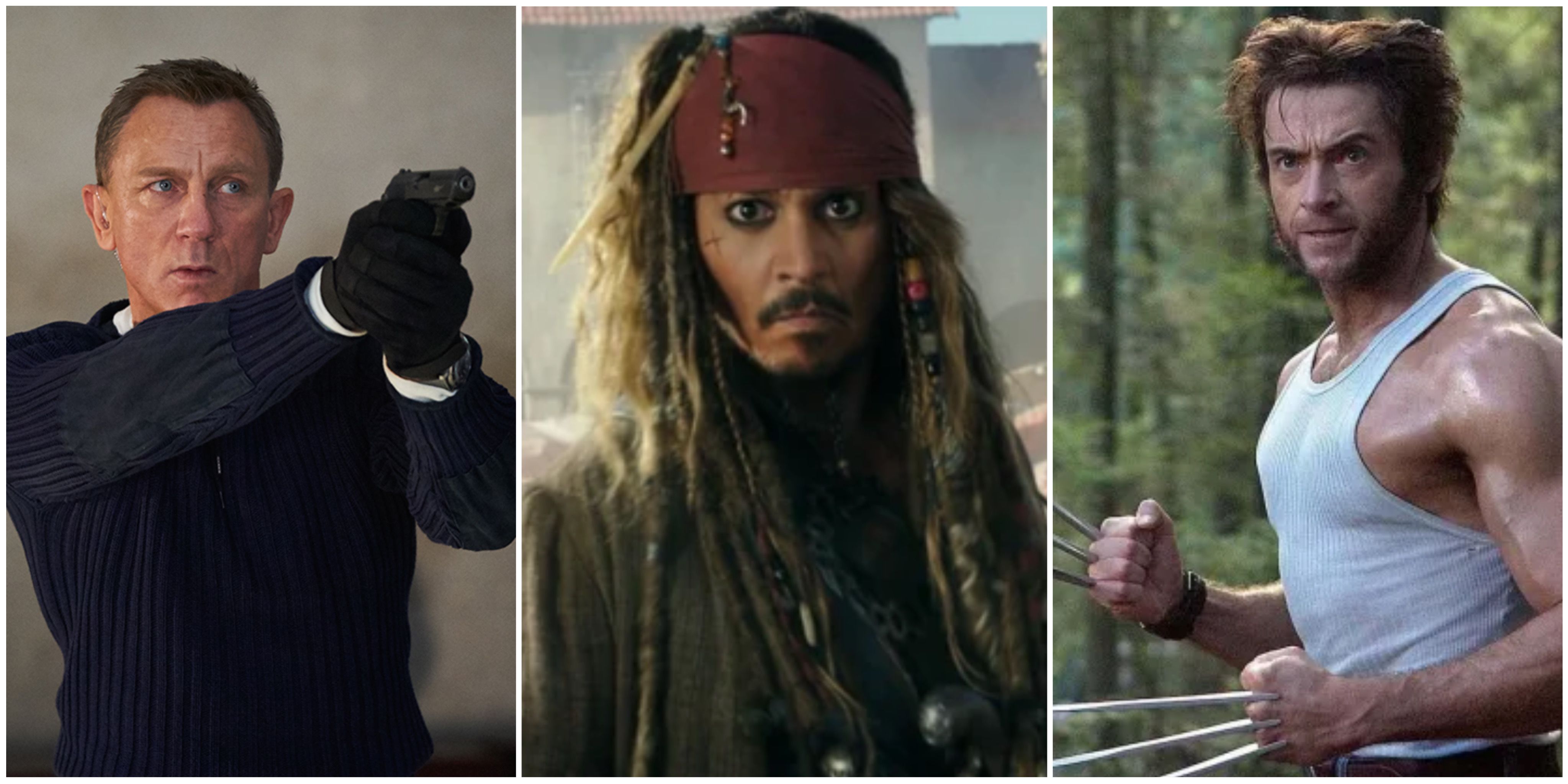 Daniel Craig as James Bond, Johnny Depp as Jack Sparrow, and Hugh Jackman as Wolverine