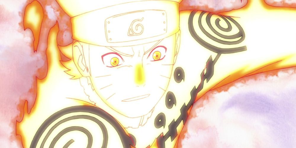 Naruto smiles while he is in Partial Nine-Tails Mode in Naruto Shippuden.
