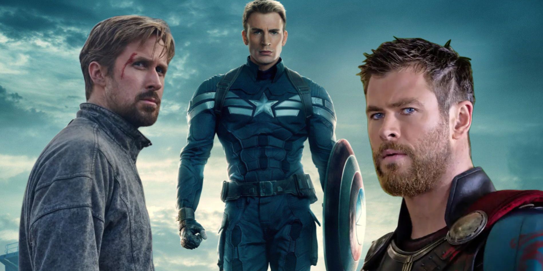 Ryan Gosling in The Gray Man, Chris Evans in Captain America, and Chris Hemsworth as Thor