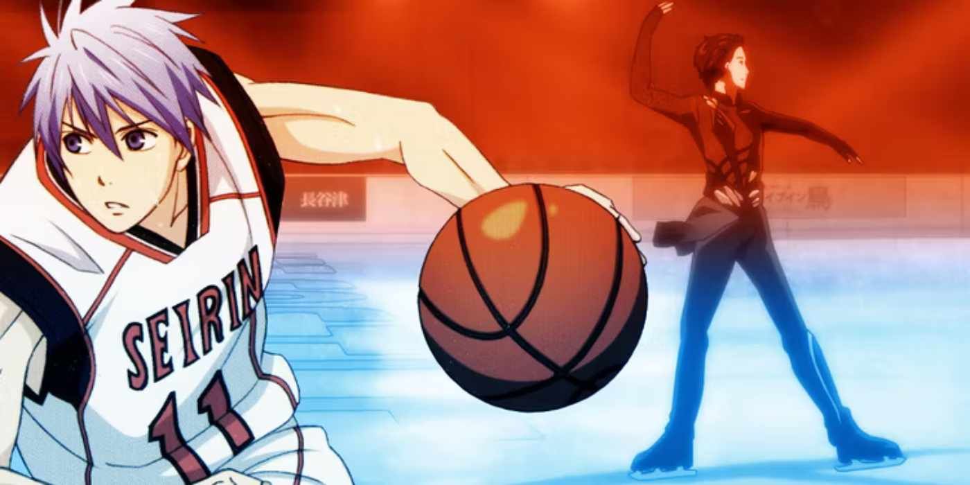 A split image of the anime Kuroko's Basketball and Yuri on Ice