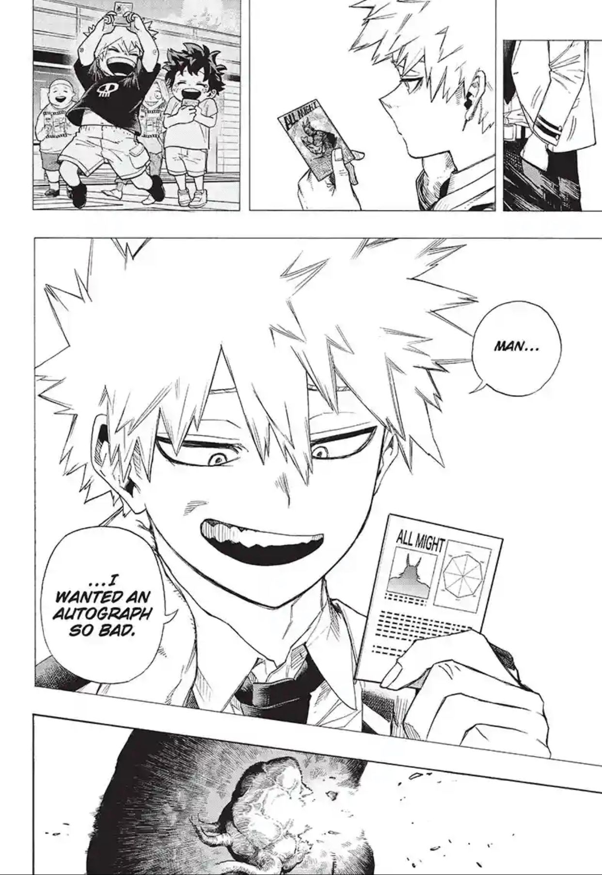 Bakugo wishing All Might signed his trading card before his death.