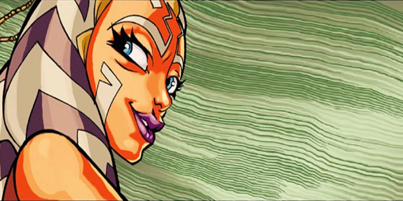 Ahsoka in Star Wars: The Clone Wars #1 comic book with green background looking off to the side.