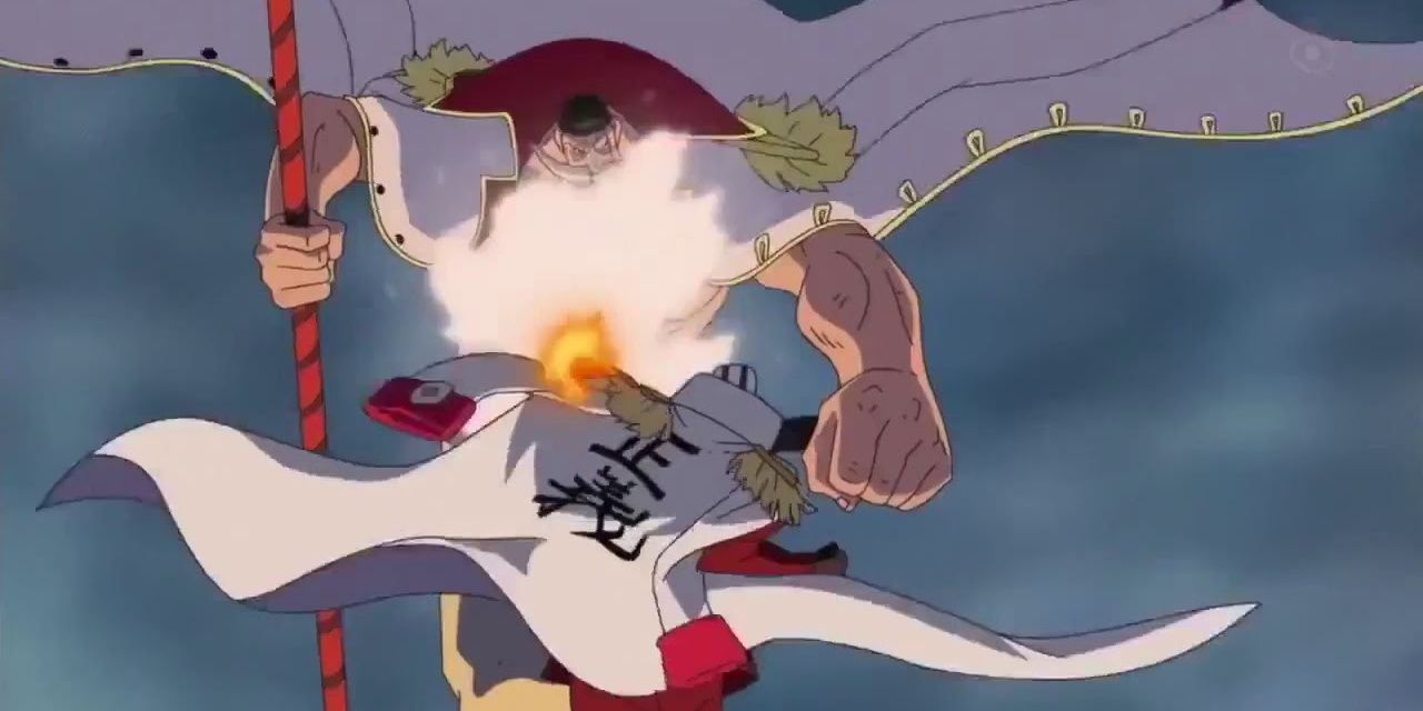 Akainu punches Whitebeard in One Piece.