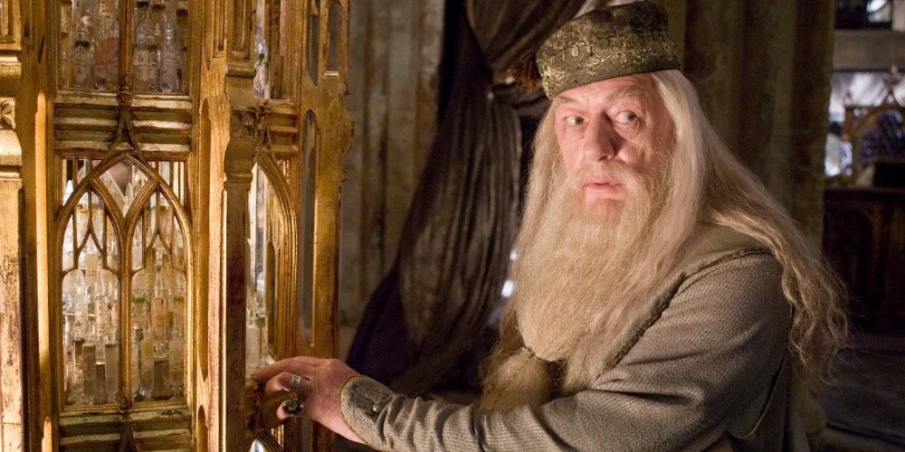 Albus Dumbledore standing in front of his pensieve in Harry Potter and the Goblet of Fire.