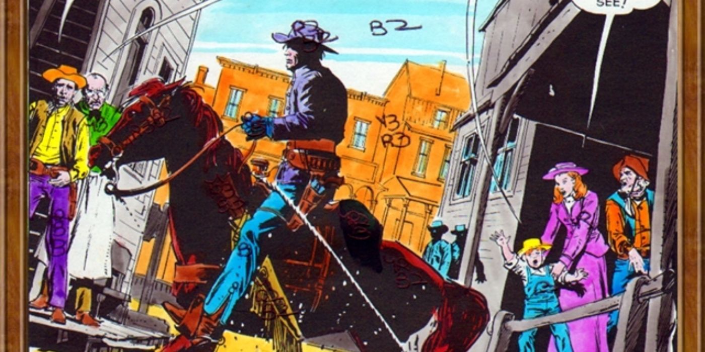 Jonah Hex rides a horse through town amidst aghast townspeople in the ages of All-Star Western Volume 2