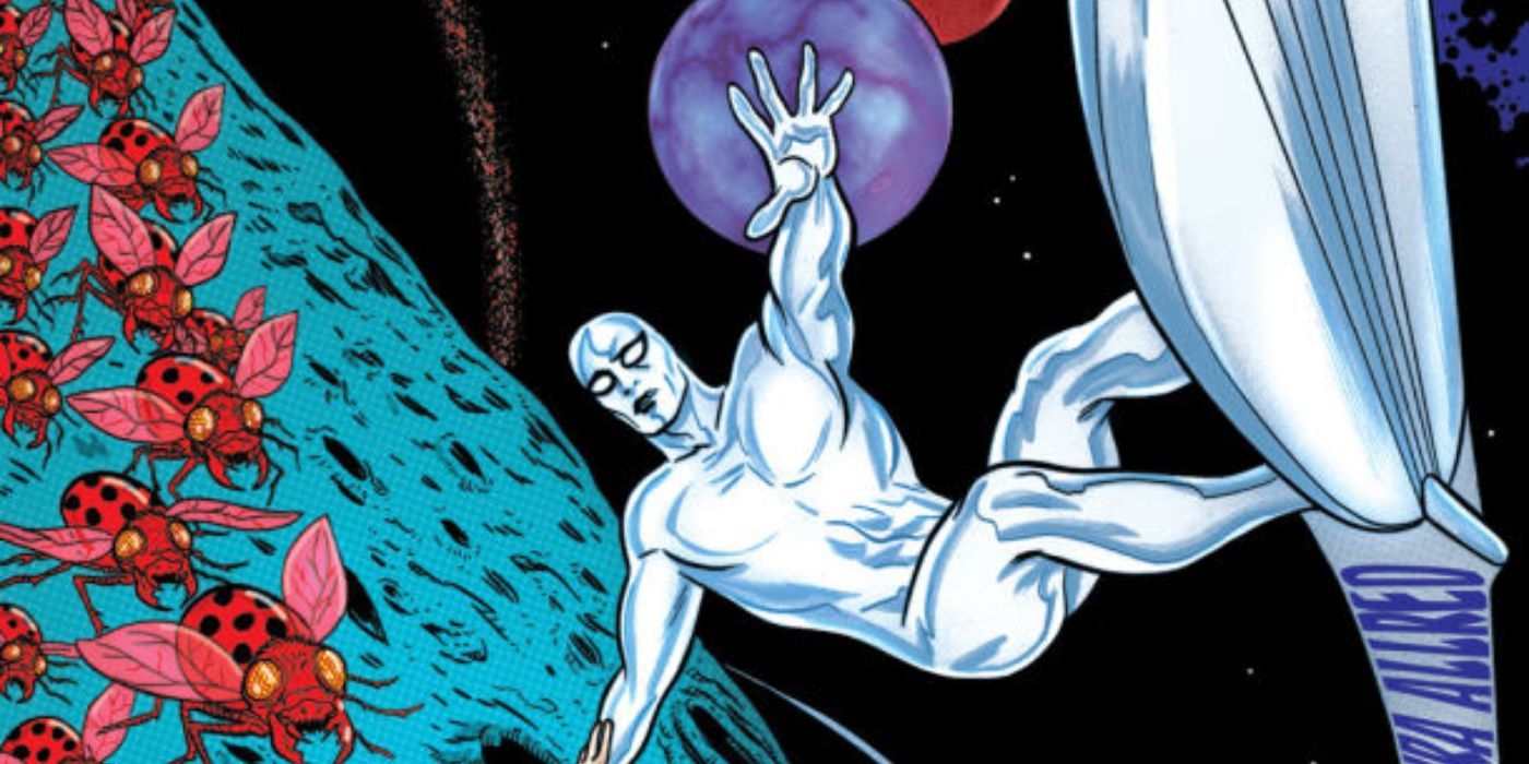 Mike Allred's Cover for Silver Surfer 1 featuring the Surfer flying sideways away from a swarm of ladybug-like insects and against a backdrop of planets
