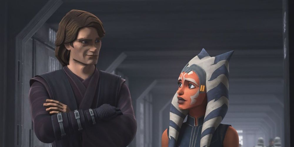 Anakin Skywalker and Ahsoka Tano talking together in Star Wars: The Clone Wars
