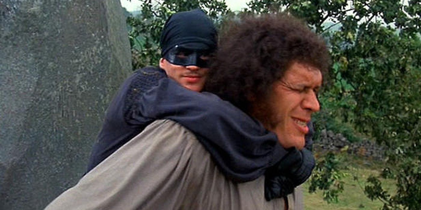 Westley on Fezzik's back in The Princess Bride 