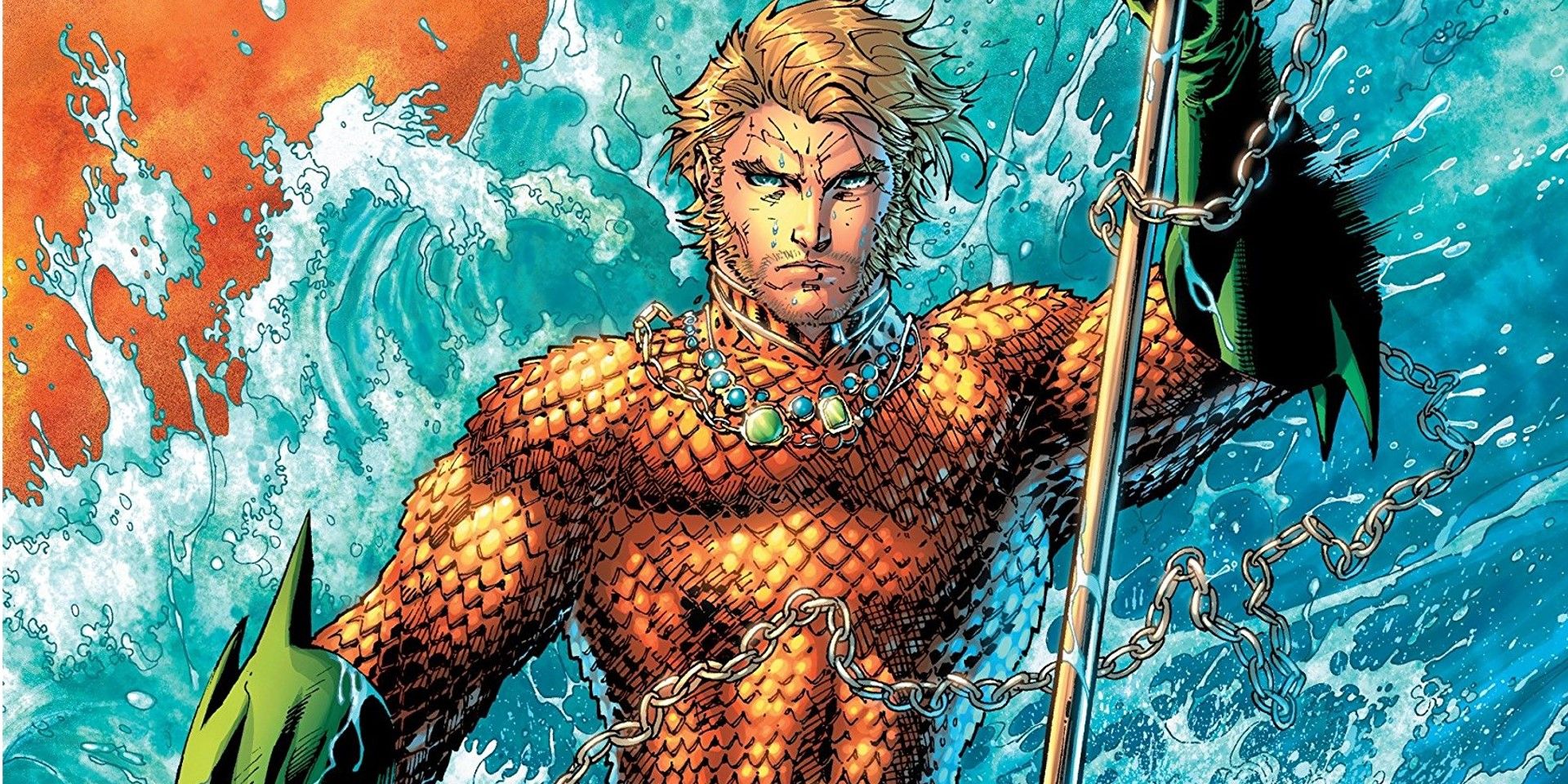 Aquaman stands in a regal pose while a wave breaks behind him in DC New 52.