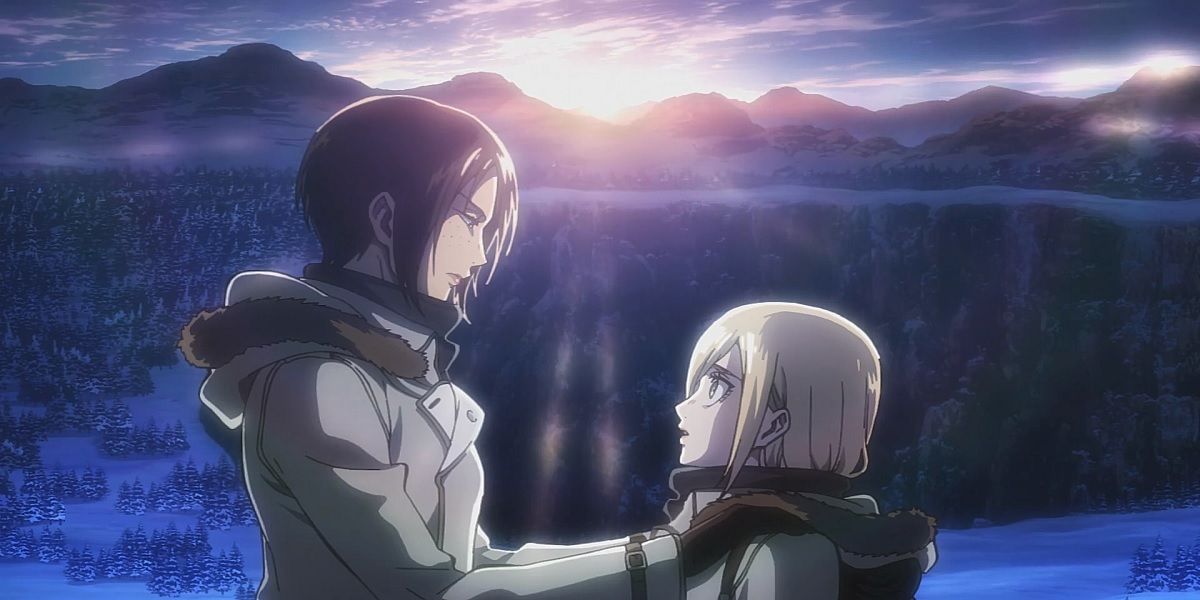 Ymir's hands on Historia's shoulders at sunrise in Attack On Titan.