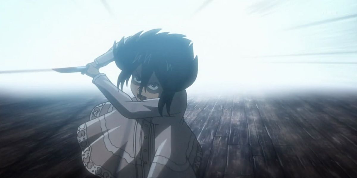 Young Mikasa charging with a knife, Attack On Titan