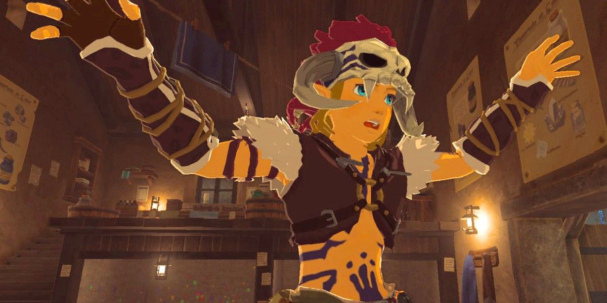 Link in Breath of the Wild's Barbarian armor set, made of bones, fur, and leather