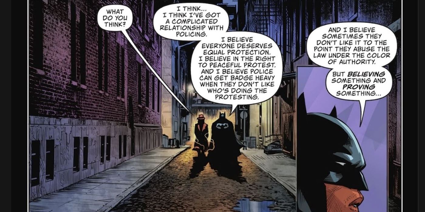 Batman and question talk in an alley