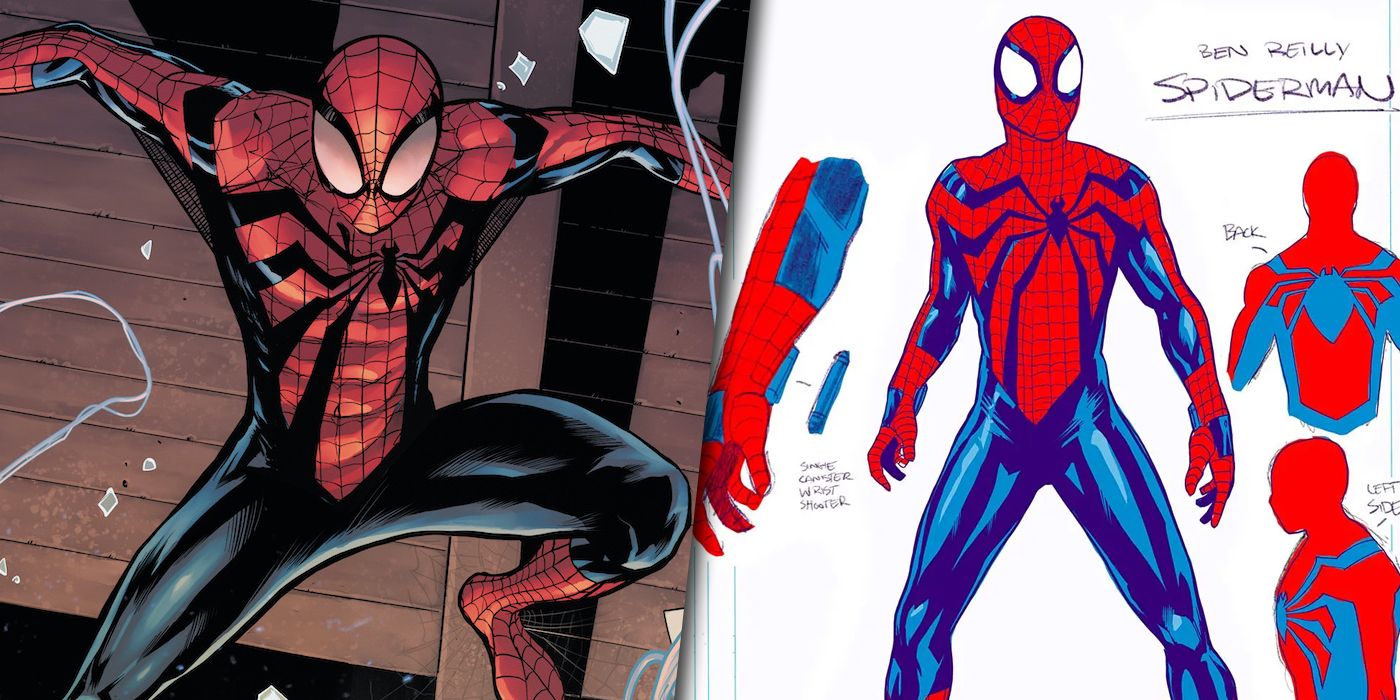 Ben Reilly's Spider-Man Beyond suit and designs split image
