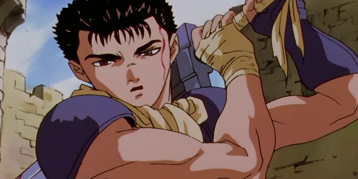 Guts, the main character of Berserk, holding a sword behind his head.