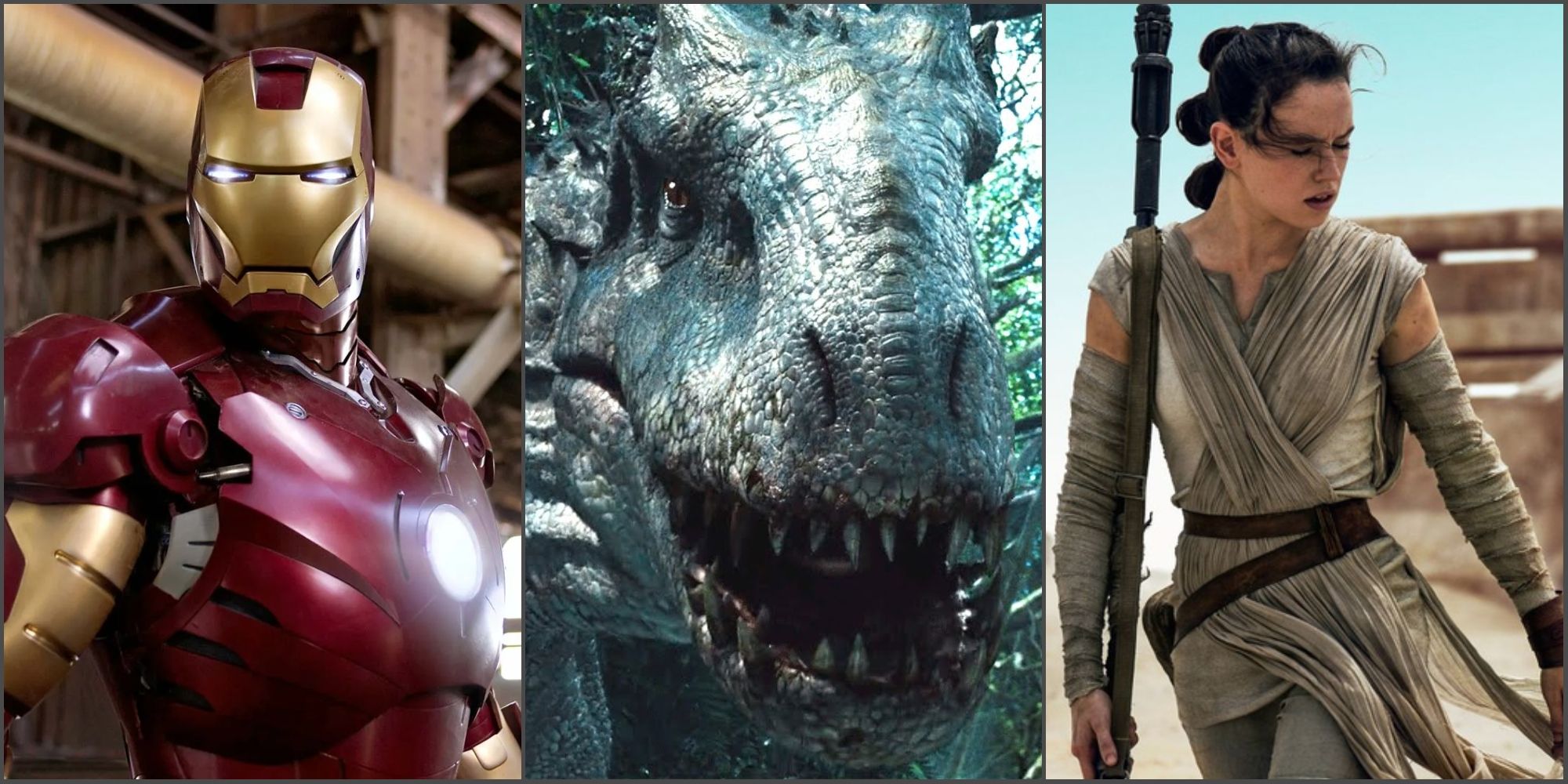 Iron Man in Iron Man, the Indominus Rex in Jurassic World, and Rey in The Force Awakens