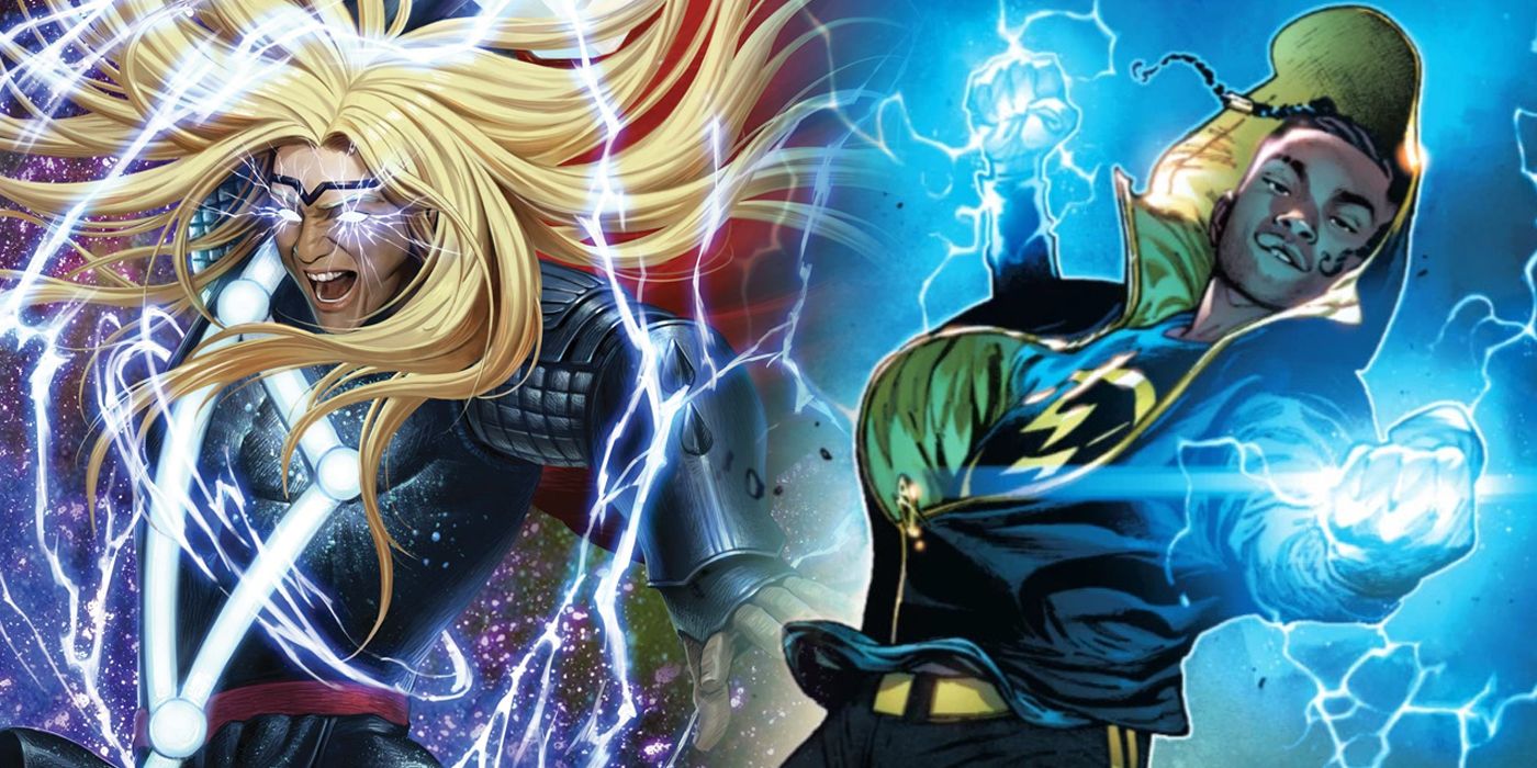 Thor and Static wielding electricity split image