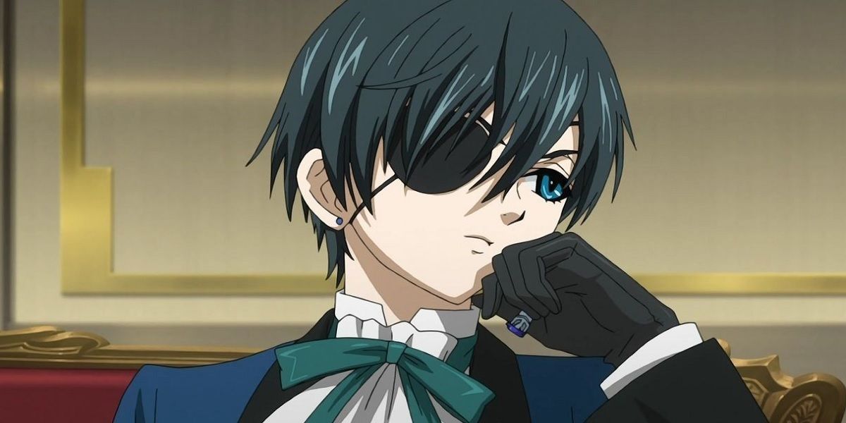 Ciel with his hand on his chin in Black Butler.