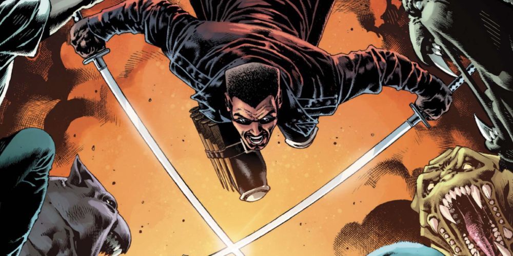 Blade diving into a hoard of demons in Marvel Comics