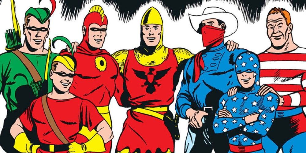 The Golden Age Seven Soldiers of Victory, featuring (left to right): Green Arrow, Speedy,  the Crimson Avenger, Shining Knight, Vigilante, the Star-Spangled Kid, and Stripesy