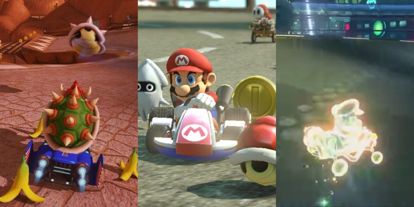 Bowser with Bananas, Mario with Crazy 8 and Mario with Super Star in Mario Kart