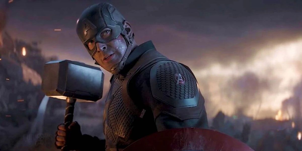 Captain America holding Mjolnir in Avengers: Endgame.