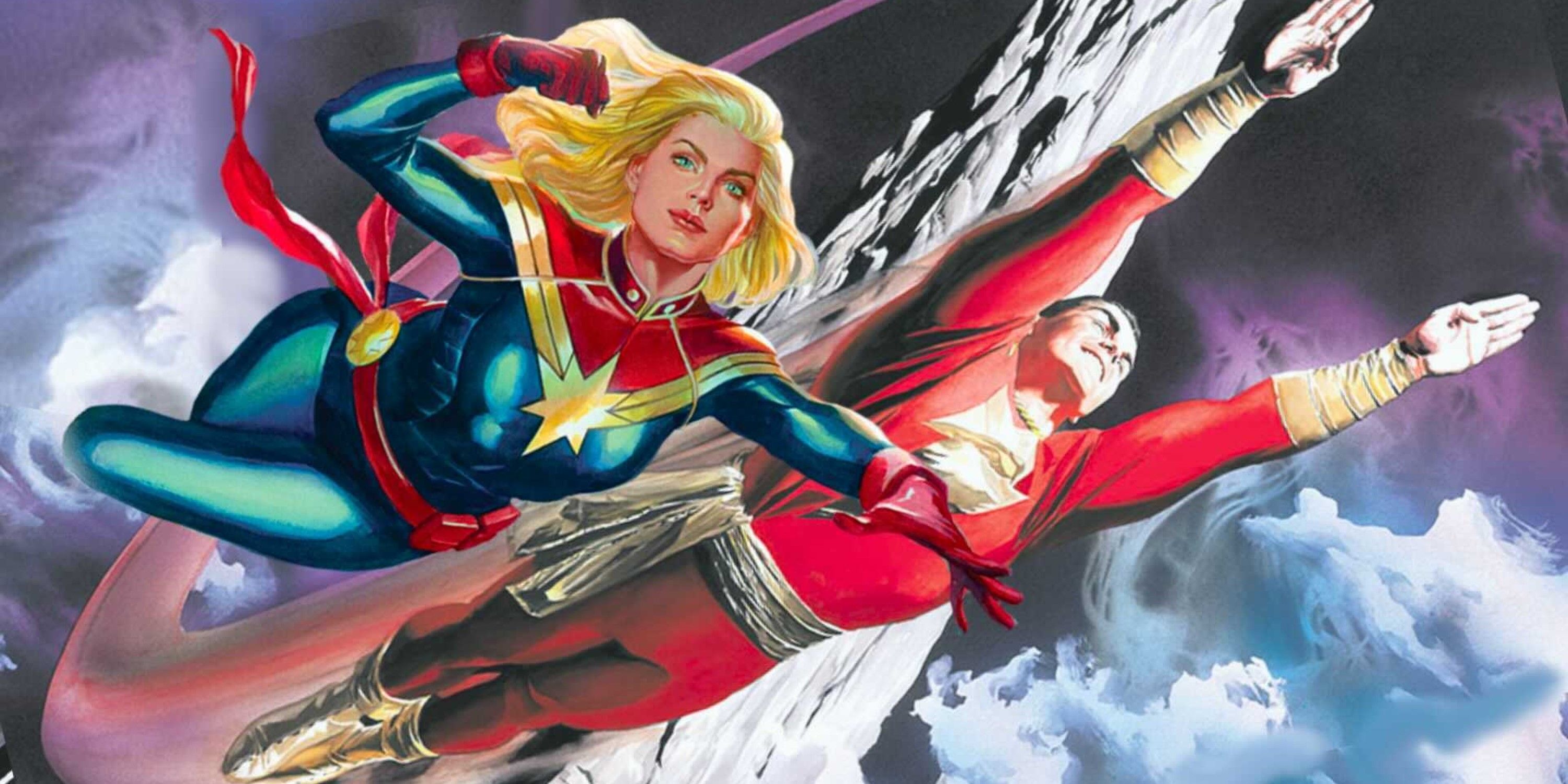 Carol Danvers and Billy Batson as Captain Marvel in Marvel and DC Comics, respectively.