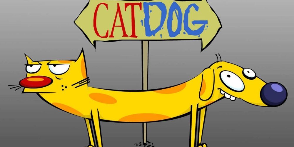 An image of CatDog Standing by a two-way sign that reads, "CatDog."