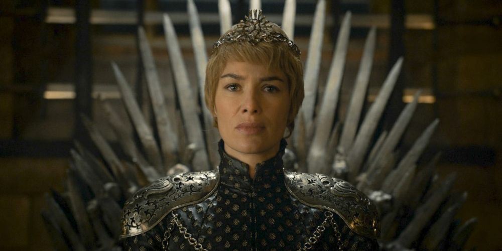 Cersei Lannister as Queen on the Iron Throne in Game of Thrones.