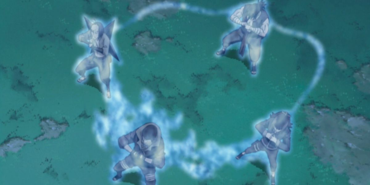 A shinobi using Chakra Transfer Jutsu on three of his comrades (Naruto)