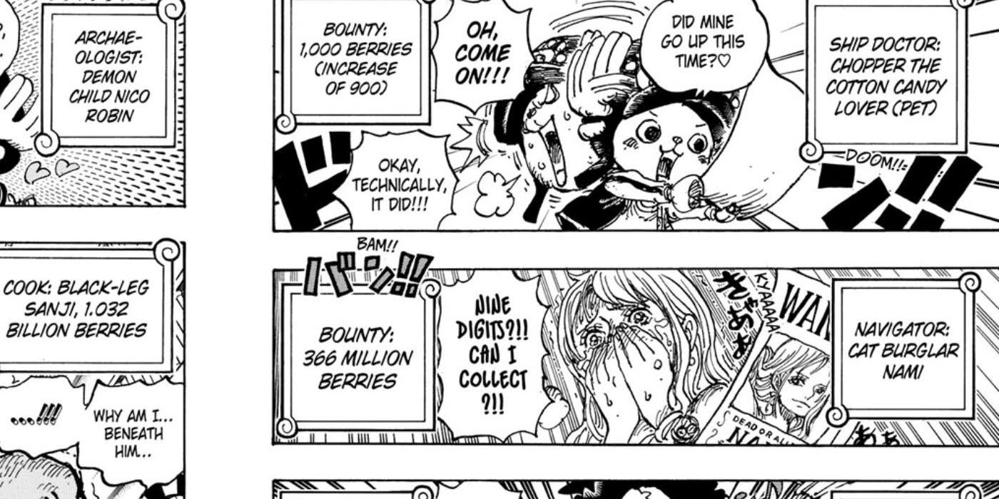 Chopper and Nami receiving their bounties in One Piece