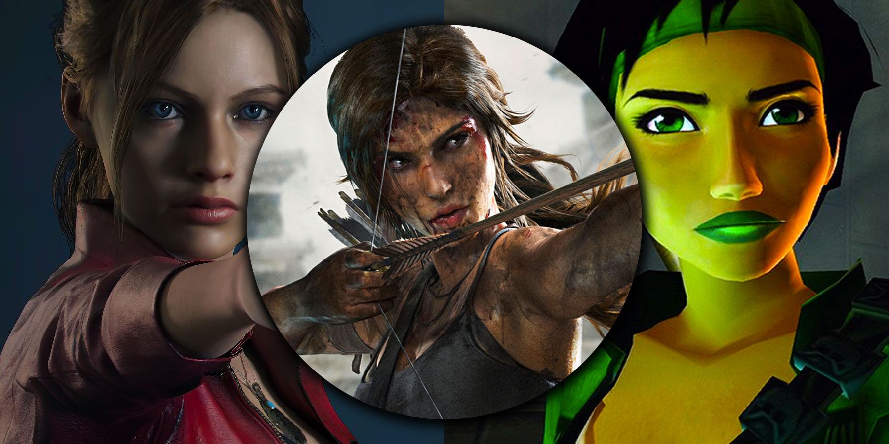Claire Redfield from Resident Evil 2, Lara Croft, and Jade from Beyond Good And Evil collage image