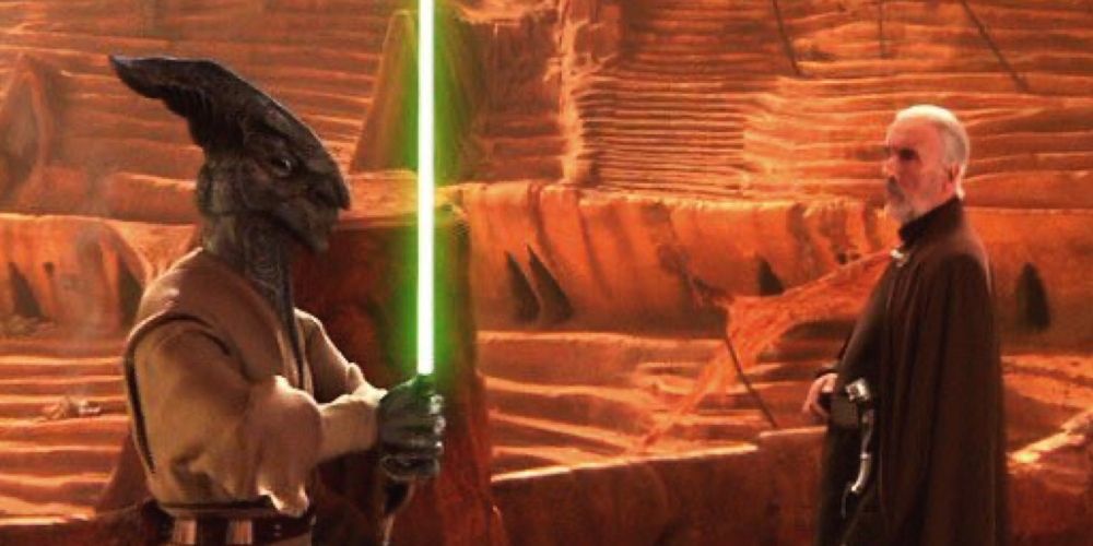 Coleman Trebor attempts to fight Count Dooku in Star Wars Episode II: The Clone Wars