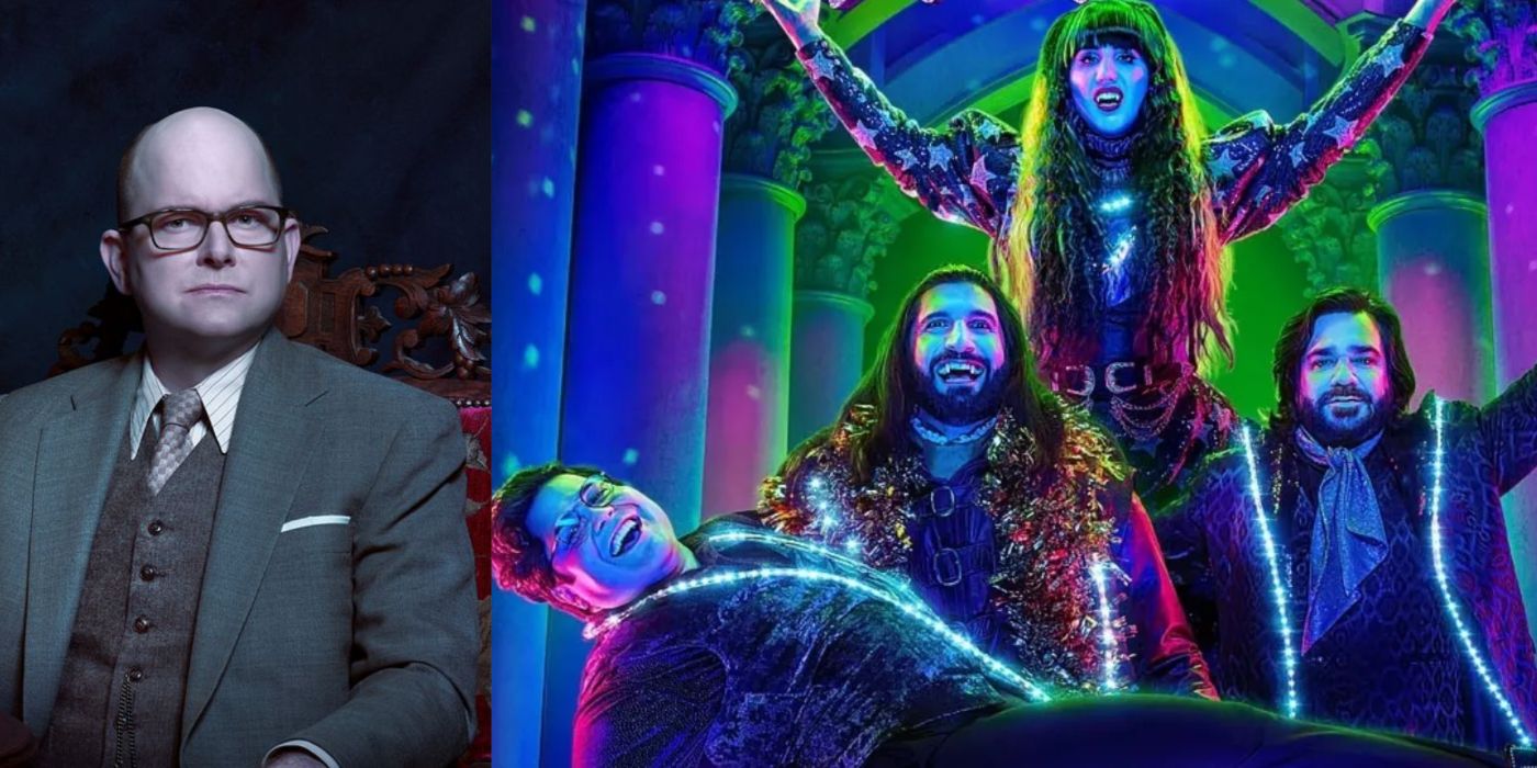 Colin Robinson (left); What We Do in the Shadows cast (right)