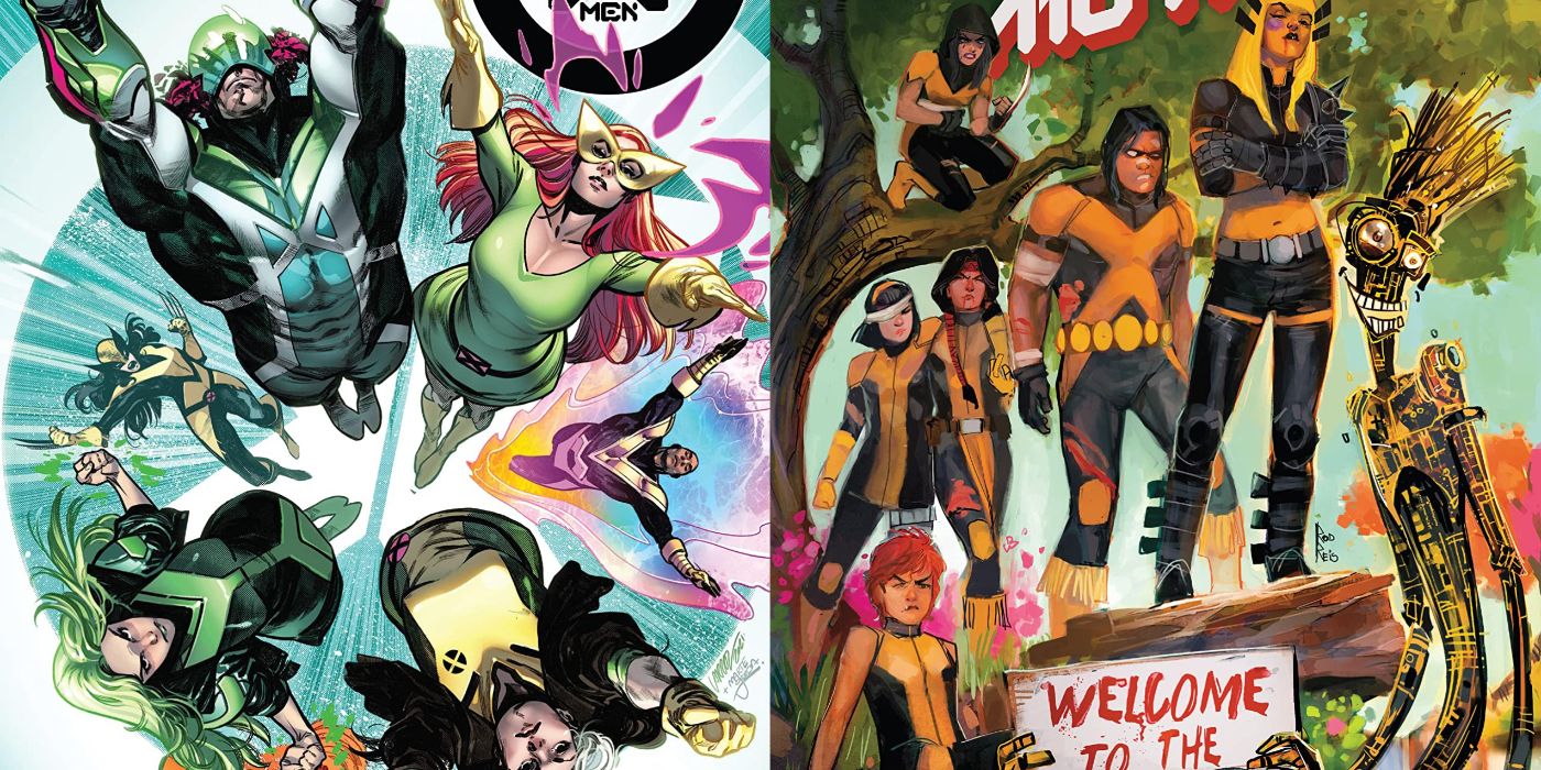 Split image depicts a group shot of the X-Men and the New Mutants.