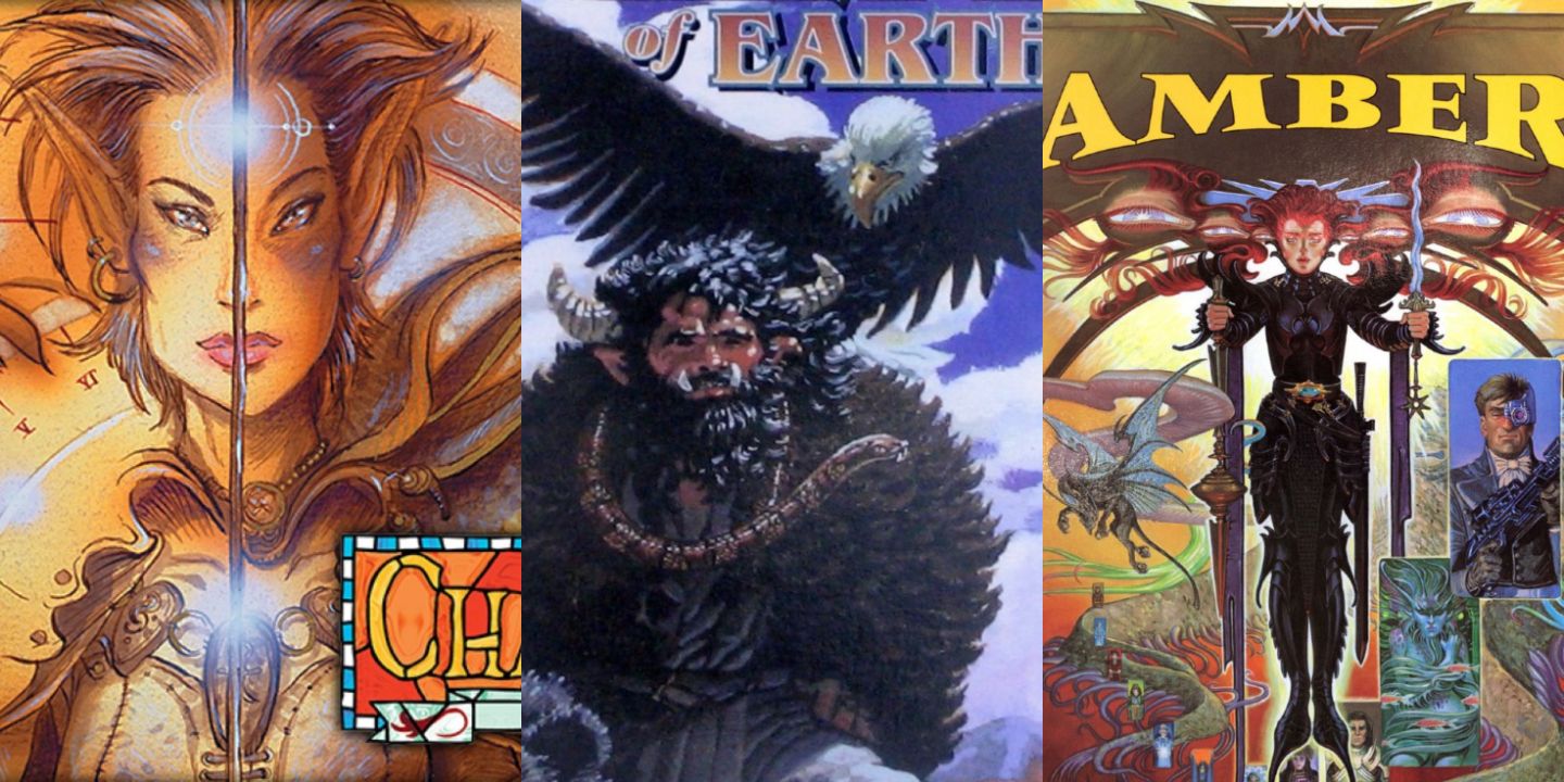 Collage of TTRPPG game covers for Changeling, Earthdawn, and Amber