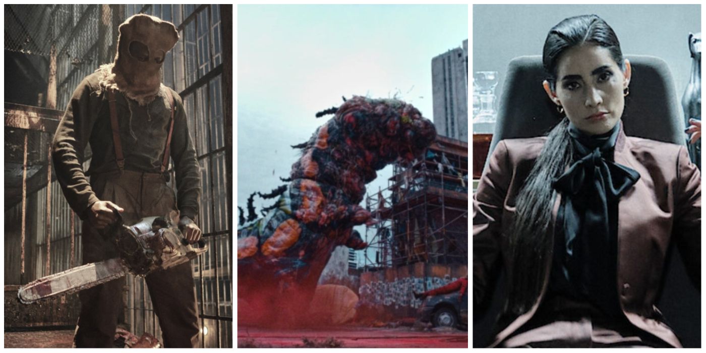 A split image of screenshots from the Resident Evil show: Chainsaw man, a giant caterpillar, and Evelyn