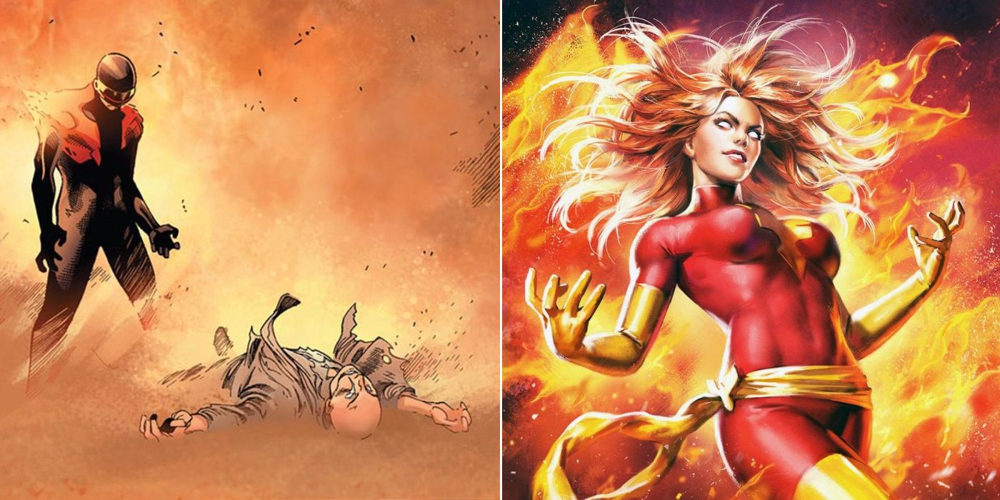 Split image depicting Cyclops killing Xavier and the Dark Phoenix