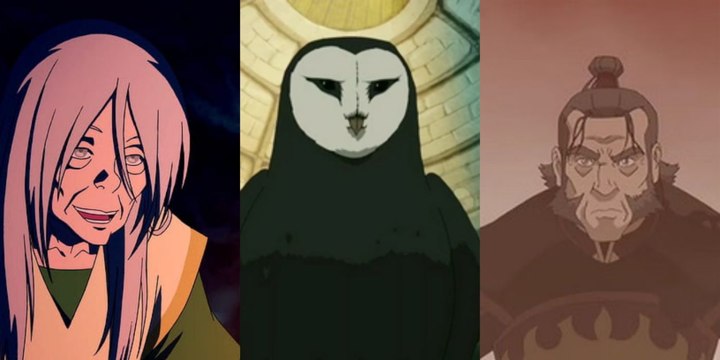 Split image of older Toph Beifong, Wan Shi Tong, and Admiral Zhao