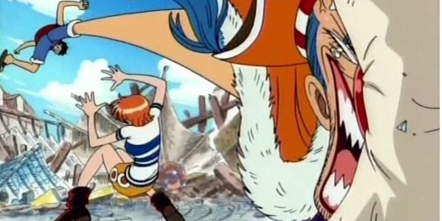 Nami, Luffy, and Buggy during the Orange Town arc in One Piece.