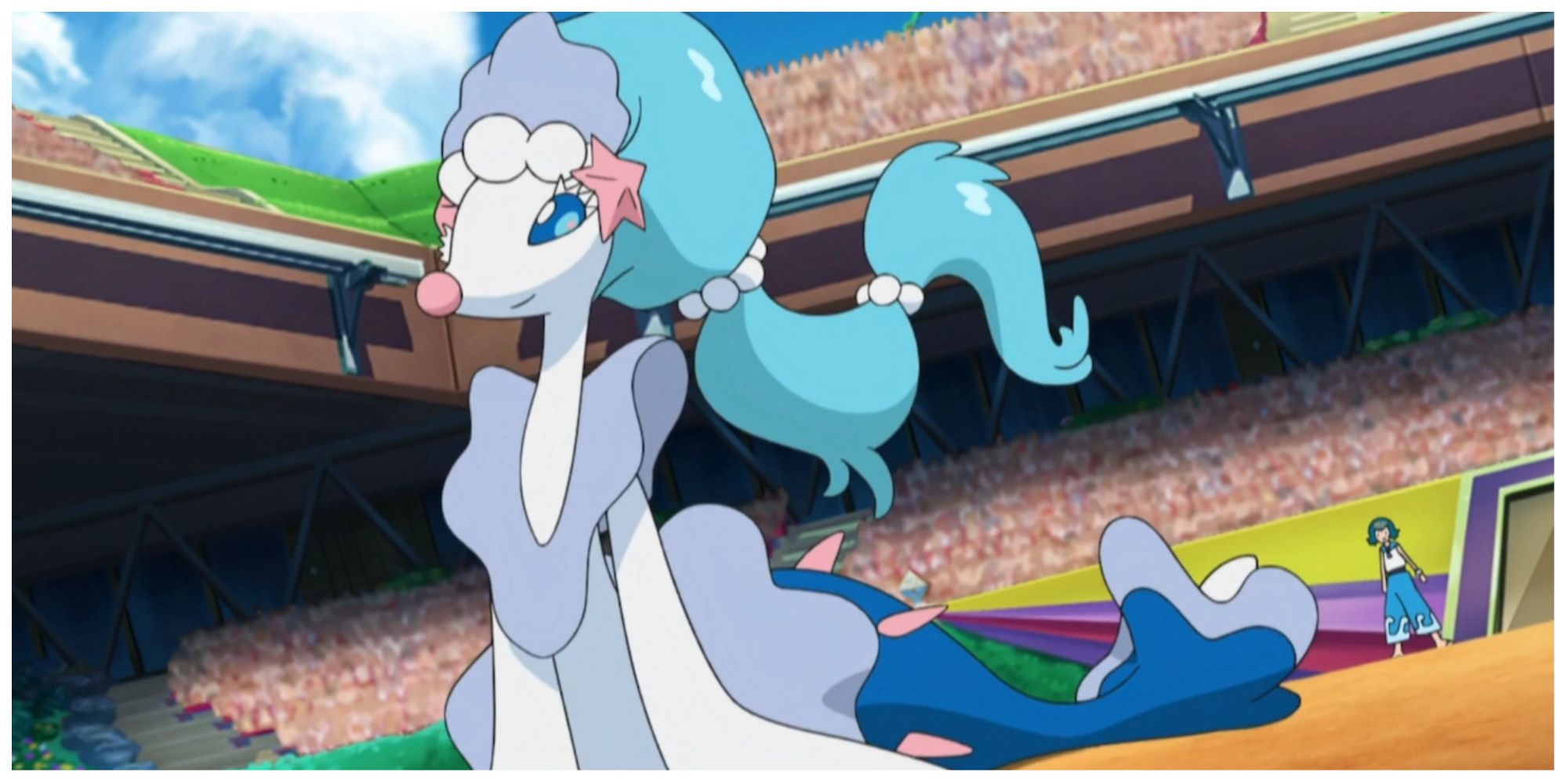 Lana's Primarina competing in a gym battle in the Pokémon anime.