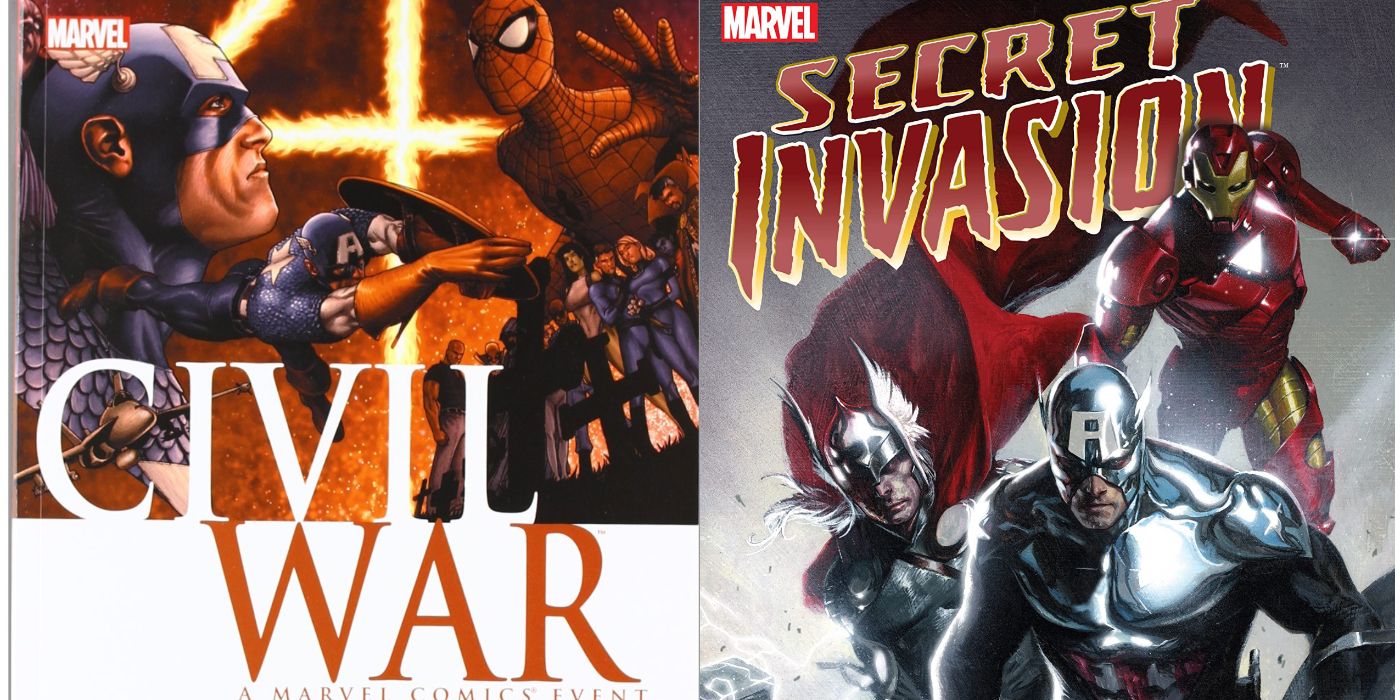 Split image with the comic covers of Civil War and Secret Invasion
