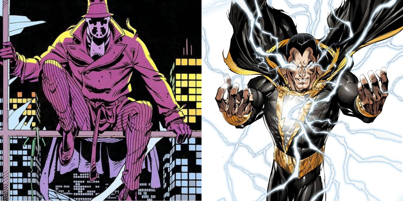 Split image of Rorschach perched over a city and Black Adam summoning lightening.